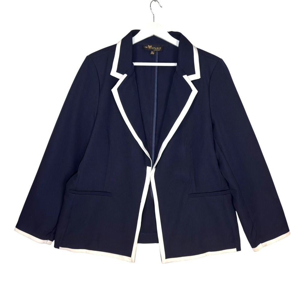 JM Studio Blazer XL Navy Blue White Trim Preppy Nautical Career Jacket - Picture 2 of 8